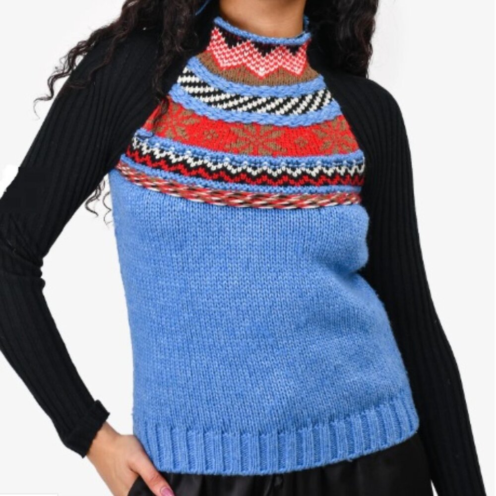 Maje Women's Blue Snowflake Nordic Fair Isle Wool Blend Sweater Size 2